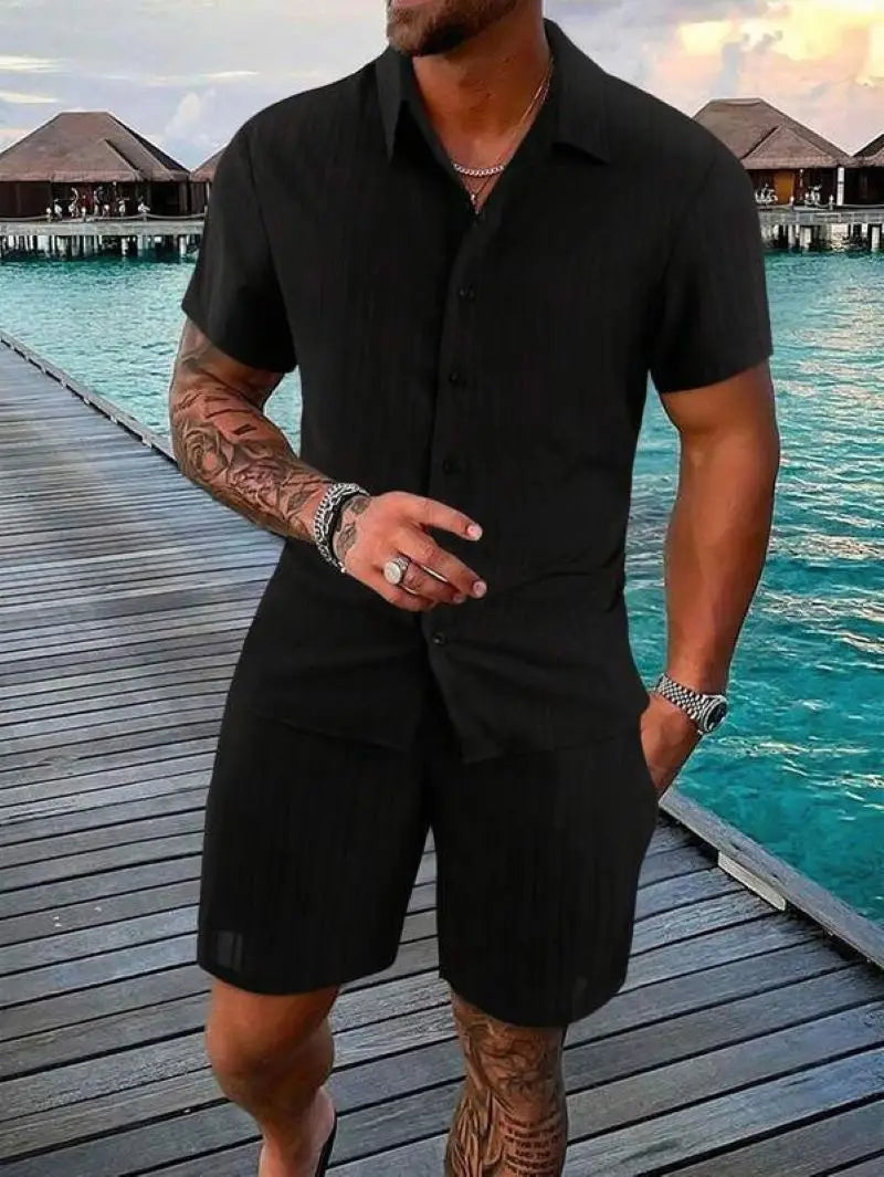 Men's Striped Jacquard Beach Suit Short Eye-Catching Casual Cotton Blend Set Single Breasted Notched Collar Drawstring Closure
