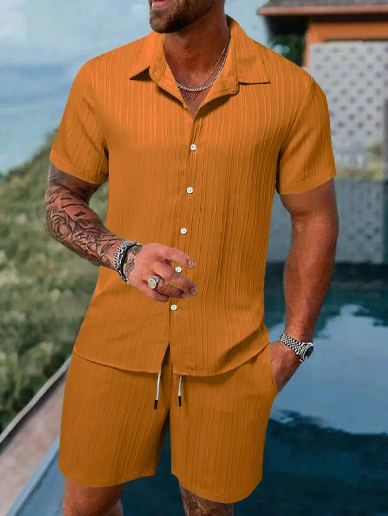 Men's Striped Jacquard Beach Suit Short Eye-Catching Casual Cotton Blend Set Single Breasted Notched Collar Drawstring Closure