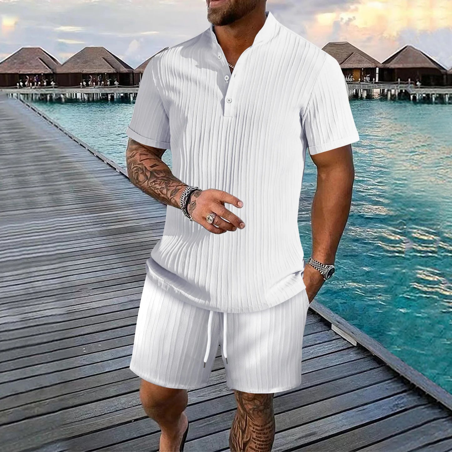 Men's Striped Jacquard Beach Suit Short Eye-Catching Casual Cotton Blend Set Single Breasted Notched Collar Drawstring Closure