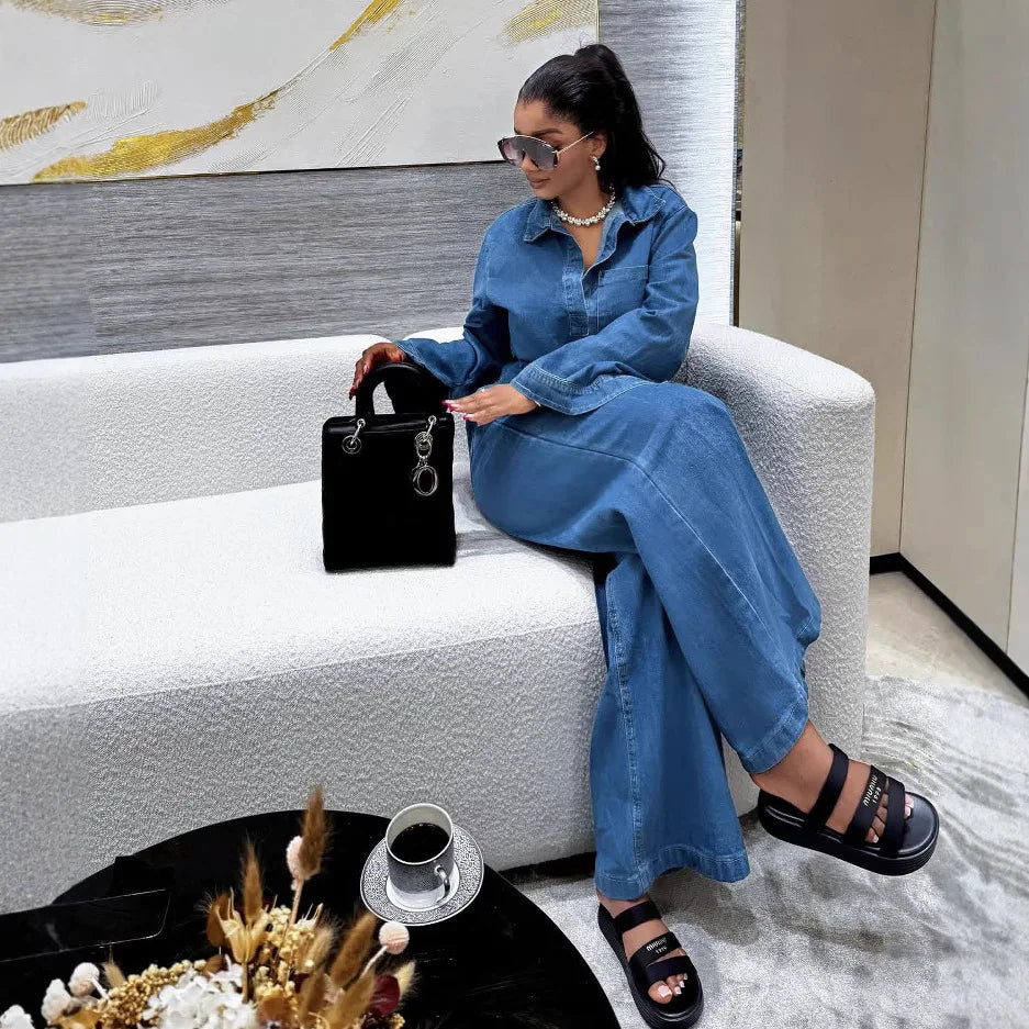Denim Pant Set Women Two Piece Sets Matching Sets Streetwear Casual Loose Shirt Wide Leg Long Pants High Waist Y2k Mom Jeans