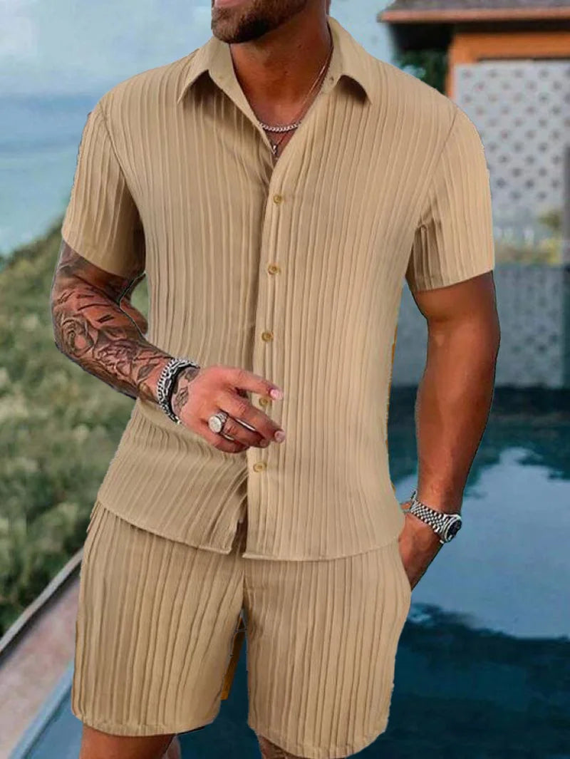 Men's Striped Jacquard Beach Suit Short Eye-Catching Casual Cotton Blend Set Single Breasted Notched Collar Drawstring Closure