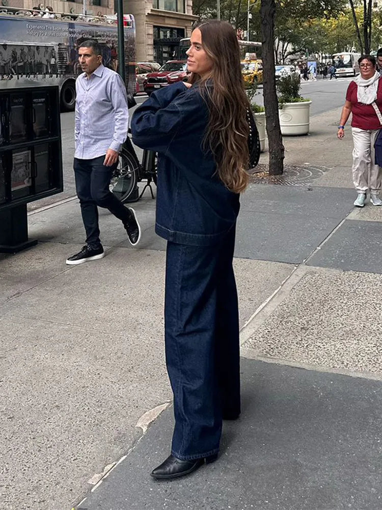 Denim Coat Trouser Women 2 Pieces Set Lapel Full Sleeves Pullover Floor Length High Waist Wide Leg Pants Female 2025 Spring Suit