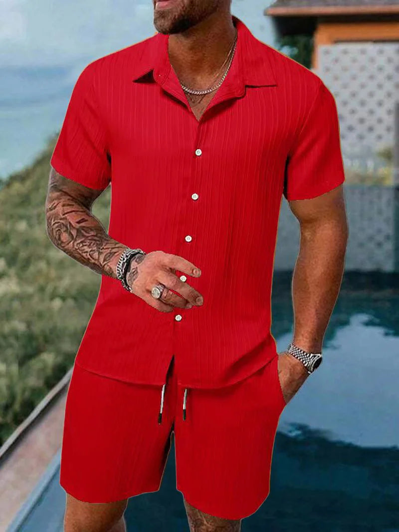 Men's Striped Jacquard Beach Suit Short Eye-Catching Casual Cotton Blend Set Single Breasted Notched Collar Drawstring Closure