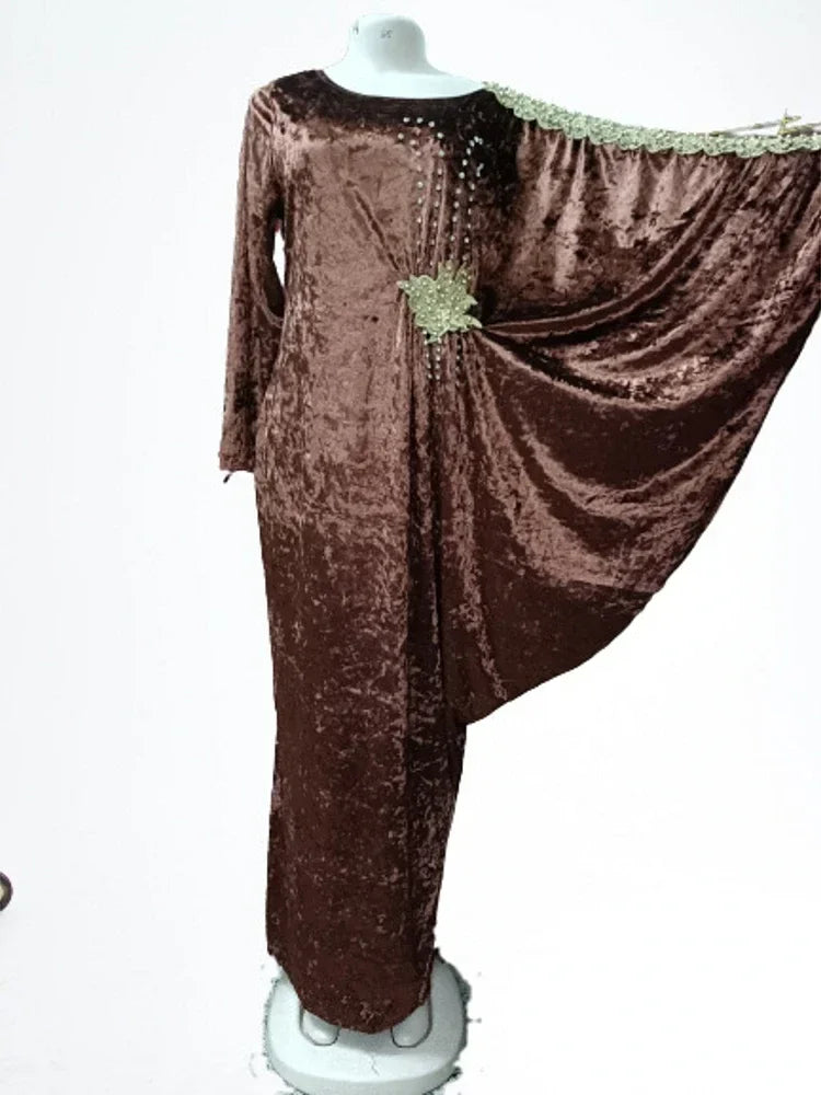 Elegant Velvet Muslim Dress Women Pleated African India Islamic Clothing Maxi Dress Jubah Long Robe Abaya Moroccan Kaftan Elbise