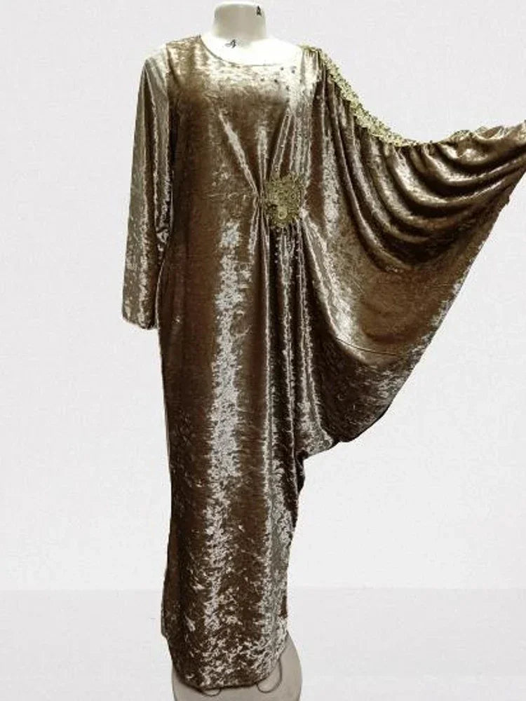 Elegant Velvet Muslim Dress Women Pleated African India Islamic Clothing Maxi Dress Jubah Long Robe Abaya Moroccan Kaftan Elbise