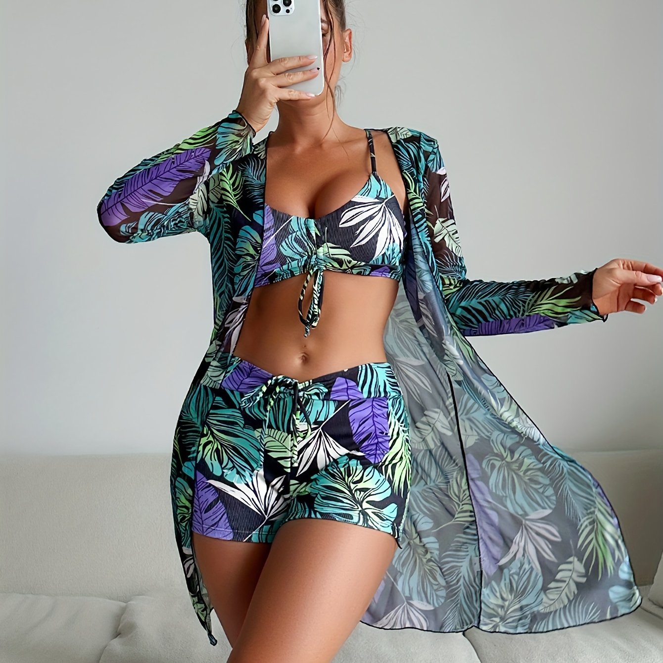 Tropical Print Drawstring Texture Fabric 3 Piece Set Swimsuits swimwear