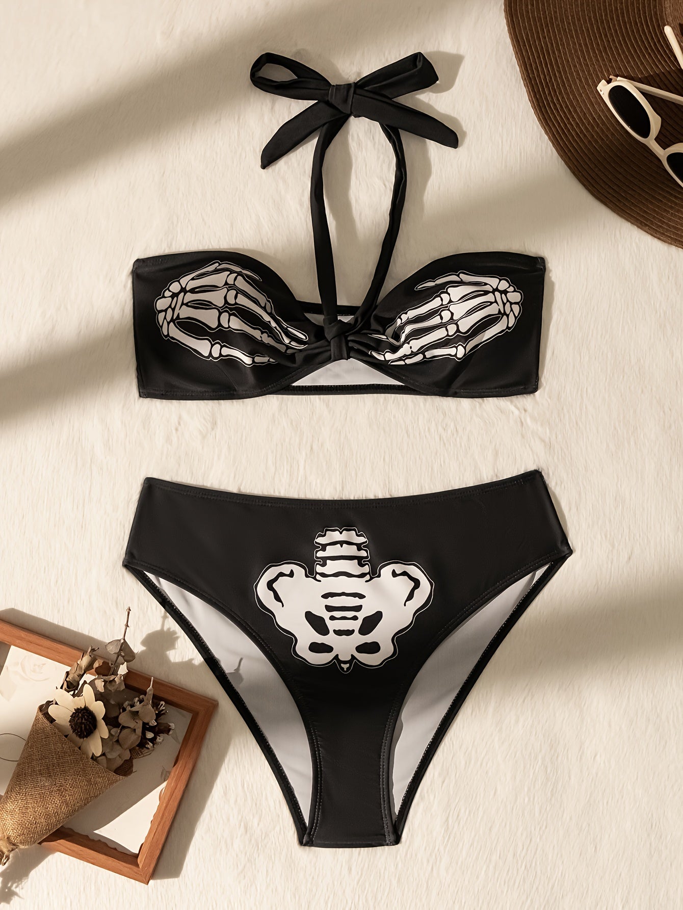 Halloween Skeleton Print Halter 2 Piece  Gothic Style Swimsuits, Swimwear.