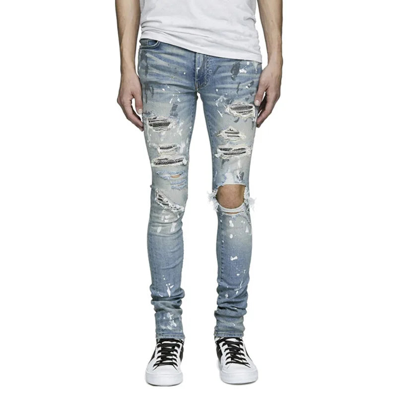 Men's Crystal Jeans Paint Ripped Stretch Skinny Destroyed Distressed Pencil Hole Jeans