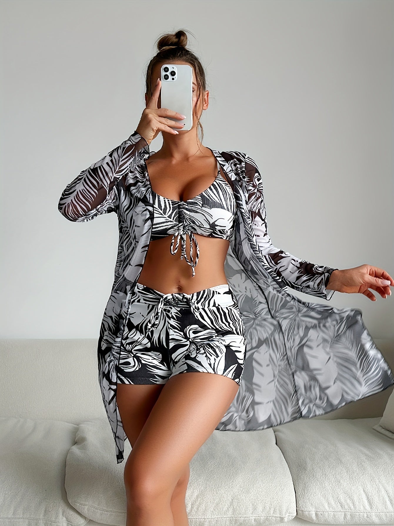 Tropical Print Drawstring Texture Fabric 3 Piece Set Swimsuits swimwear