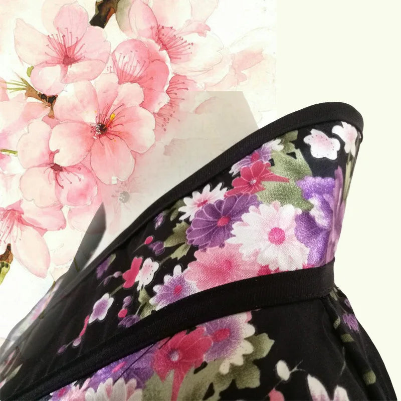 Women's Short Sexy Kimono Japanese Anime Lolita Cherry Sakura Flower Printing Kimono Maid Costumes Silk Yukata Fancy Dress S-3XL