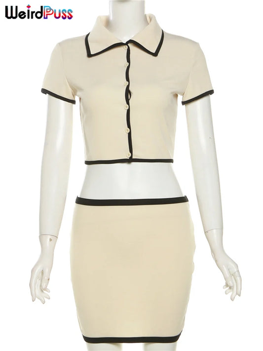 Weird Puss Ribbed Women 2 Piece Set Polo Neck Button Shorts Crop Tops+Mini Skirts Matching Stretch Elegant Streetwear Outfits