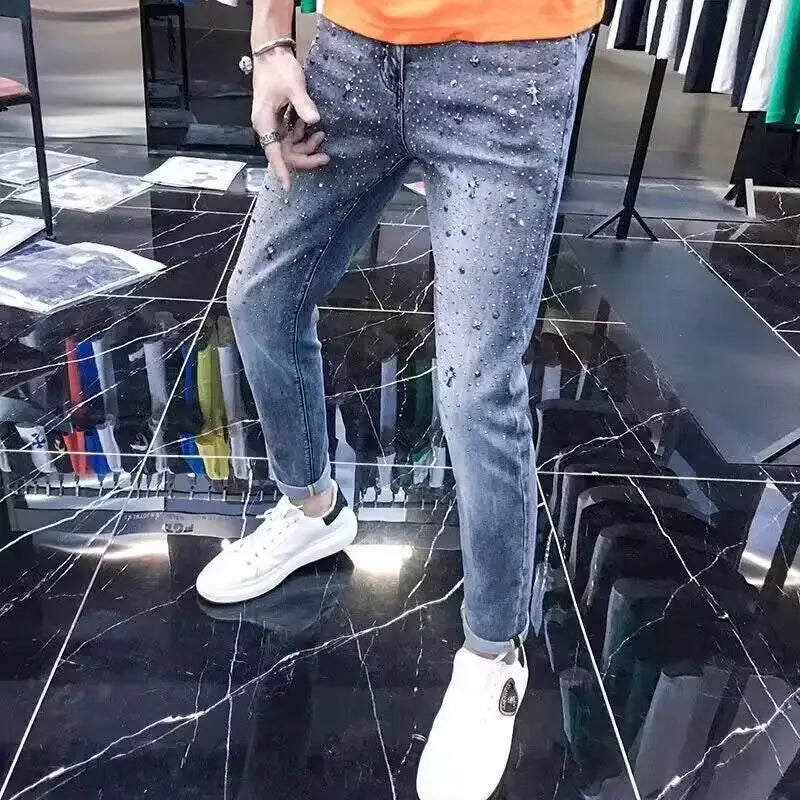 Spring Autumn 2025 High Quality Rhinestone Luxury Clothing Jeans Men's Brand Streetwear Slim Pants Youth Fashion Cowboy Trousers