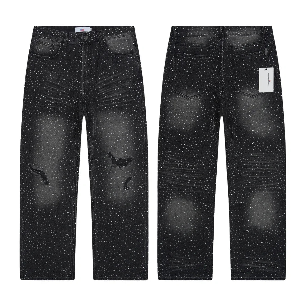 New Denim Baggy Ripped Jeans with Rhinestones Retro Vintage High Street Style Hip-hop Straight Trousers Streetwear Jeans for Men