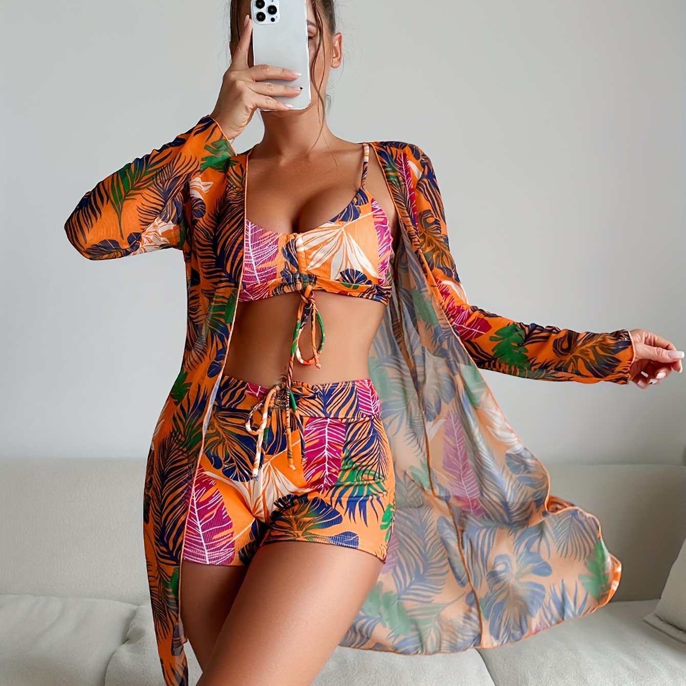 Tropical Print Drawstring Texture Fabric 3 Piece Set Swimsuits swimwear