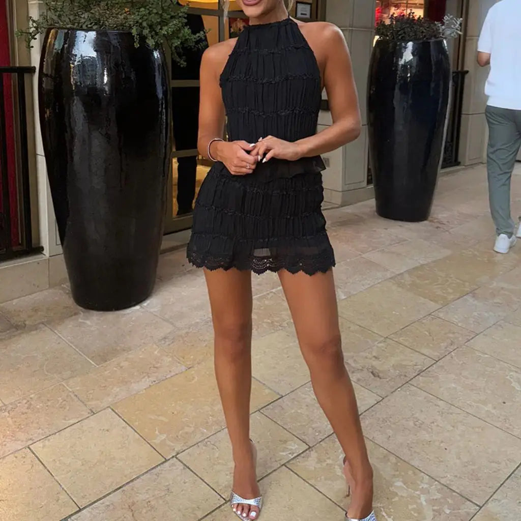 Combhasaki Women 2Pcs Smocked Outfits Set Sleeveless Lace-up Halter neck Crop Camis Vest+High Waist Floral Lace Hem Pencil Skirt