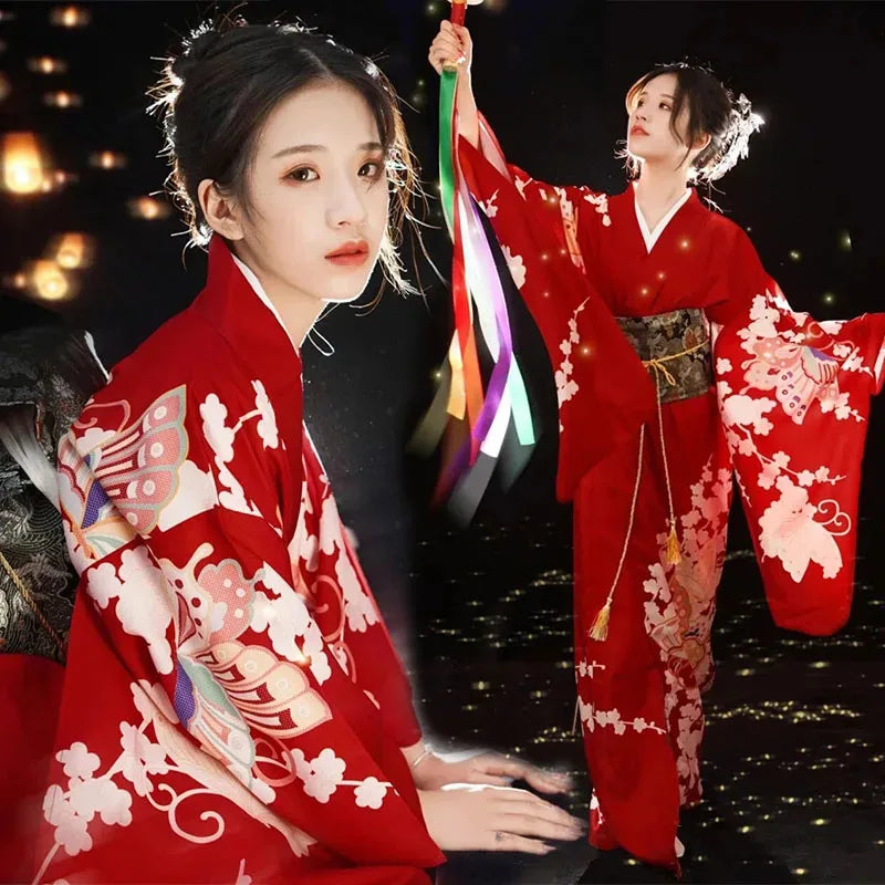 Japanese retro red geisha-style kimono and yukata cosplay costumes, suitable for party performances and photography in 2025