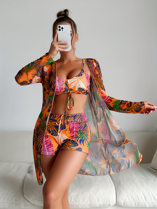 Tropical Print Drawstring Texture Fabric 3 Piece Set Swimsuits swimwear