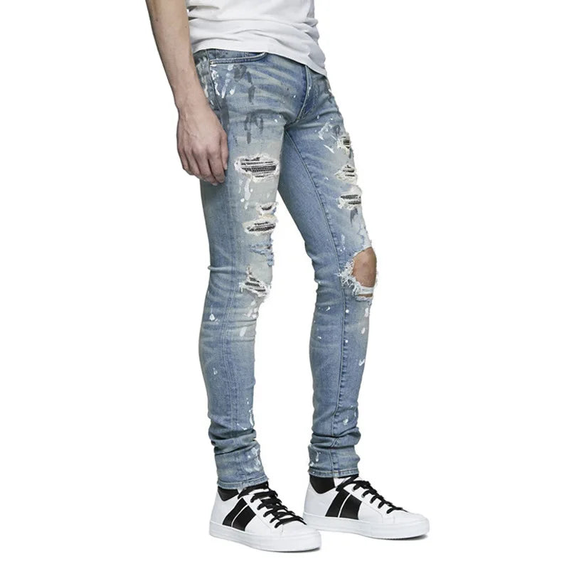 Men's Crystal Jeans Paint Ripped Stretch Skinny Destroyed Distressed Pencil Hole Jeans